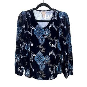 Chicos Bicolor Medallion Velvet Long Puff Sleeve Top Size S Navy Blue V Neck